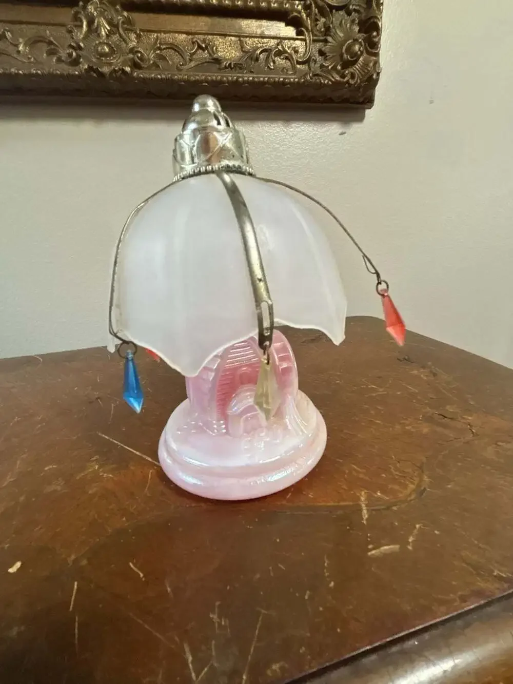 Vintage Pink Iridescent Milk Glass Water Mill Scent Lamp with Shade
